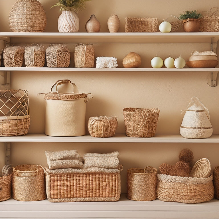 A warm, beige-colored shelving unit with five woven baskets in varying sizes, each filled with seasonal decorations like ornaments, pinecones, and artificial flowers, against a soft, creamy background.