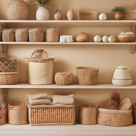 A warm, beige-colored shelving unit with five woven baskets in varying sizes, each filled with seasonal decorations like ornaments, pinecones, and artificial flowers, against a soft, creamy background.