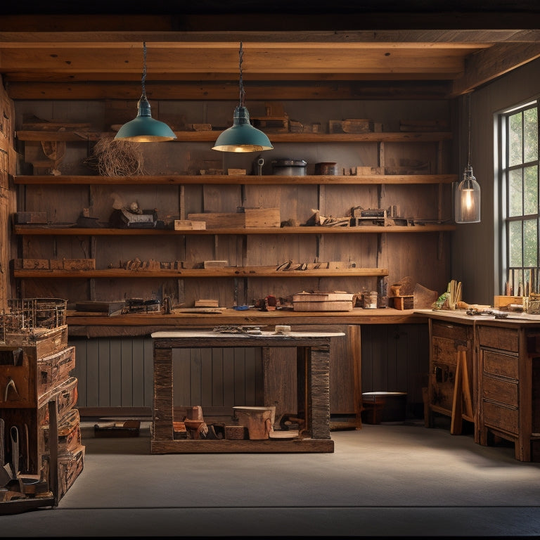 A well-lit, rustic-chic workshop with reclaimed wood planks, metal brackets, and tools scattered on a workbench, surrounded by half-built custom shelving units in various stages of construction.