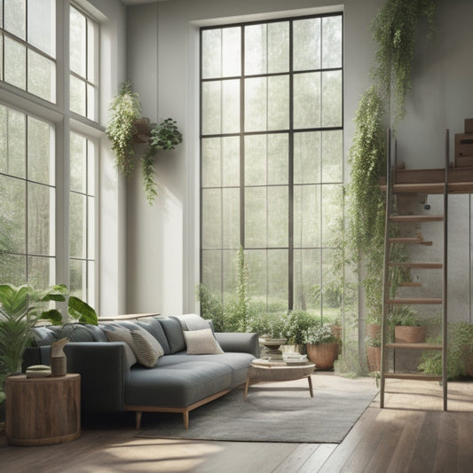 A serene living room with a floor-to-ceiling window, minimalist decor, and a ladder leading to a loft area, surrounded by lush greenery and natural light pouring in.