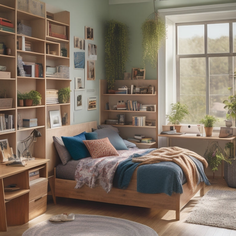 A clutter-free dorm room with a lofted bed, storage cubes, and a desk with a built-in shelf, surrounded by a few neatly arranged books and a small potted plant.