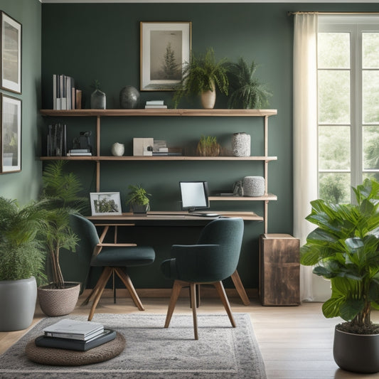 A serene, well-lit home office with a sleek, minimalist desk, ergonomic chair, and floor-to-ceiling shelves filled with organized books and plants, set against a calming, muted green accent wall.