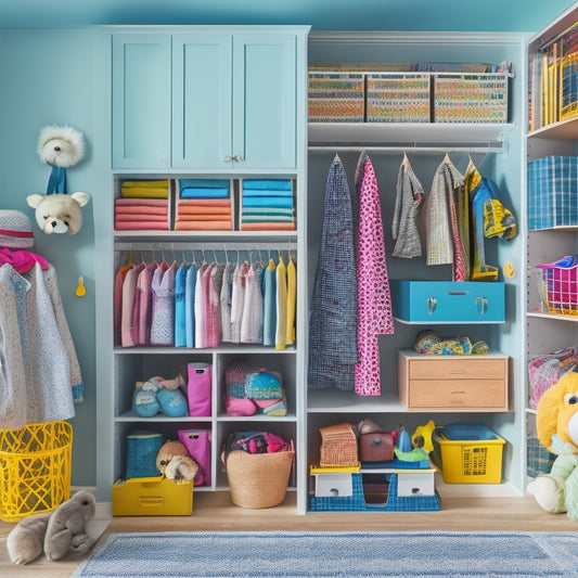 A colorful, clutter-free kid's closet with a mix of open shelves, drawers, and hanging rods, featuring a few toys, books, and outfits, with a fun, polka-dot area rug and a few stuffed animals.