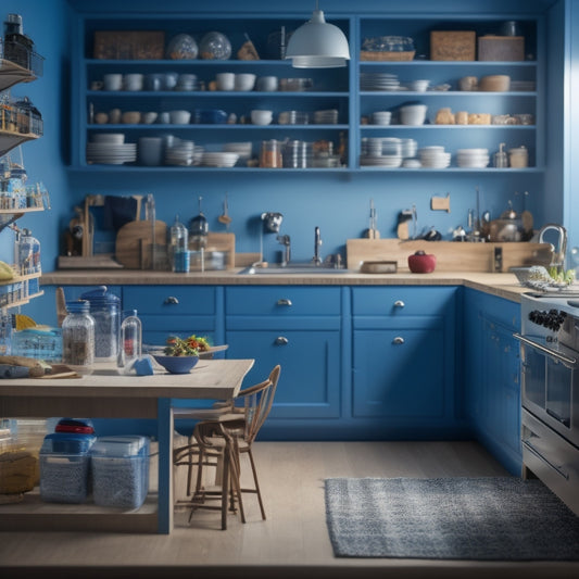 A chaotic kitchen scene with toys, backpacks, and clutter scattered around a traditional, cluttered cabinet system, contrasted with a serene, organized space featuring sleek, smart cabinetry with hidden storage and pull-out shelves.