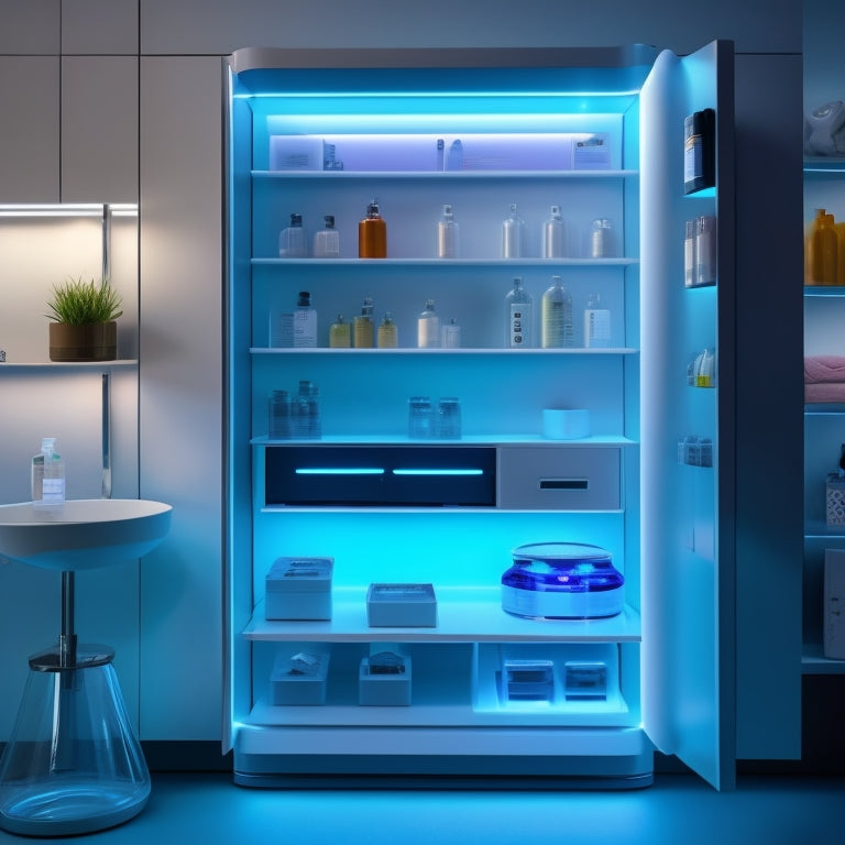 A futuristic medicine cabinet with glowing LED lights, featuring rotating shelves, pull-out drawers, and a smart pill dispenser with color-coded compartments, set against a clean, minimalist background.