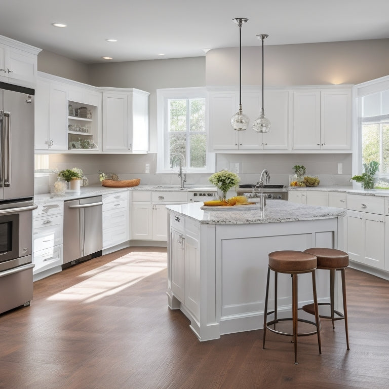 A bright and modern kitchen with sleek, white cabinets, stainless steel appliances, and a large center island, surrounded by ample natural light and a beautiful hardwood floor.