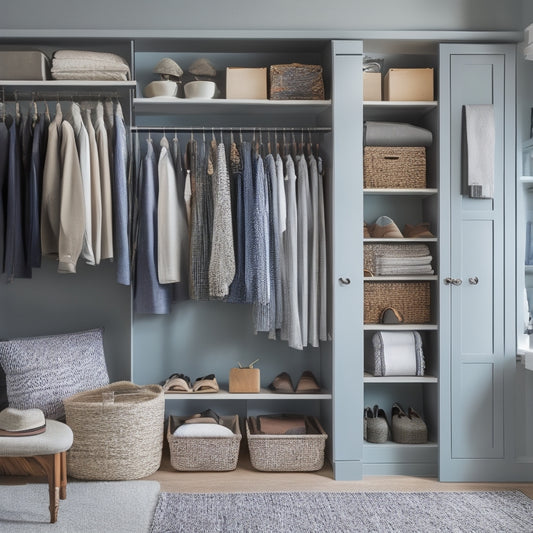 A serene, well-organized closet interior with a mix of open shelving, drawers, and hanging rods, featuring a few carefully selected, neatly arranged clothing items and accessories in a calming color palette.