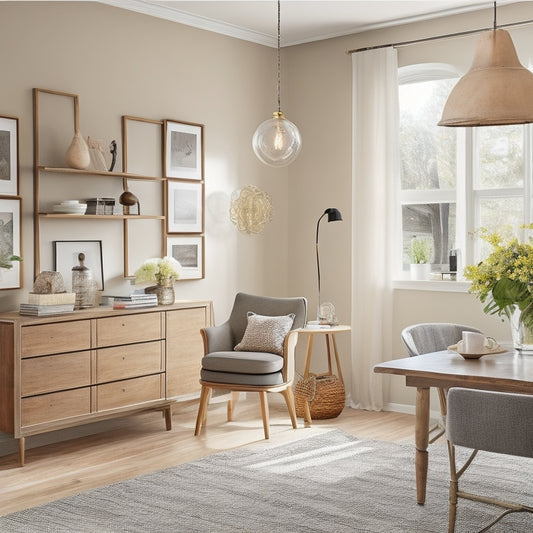 A bright, airy living room with a refurbished vintage armchair, a minimalist coffee table, and a statement light fixture, surrounded by three framed sections highlighting a clutter-free closet, a tidy kitchen countertop, and a reorganized home office.