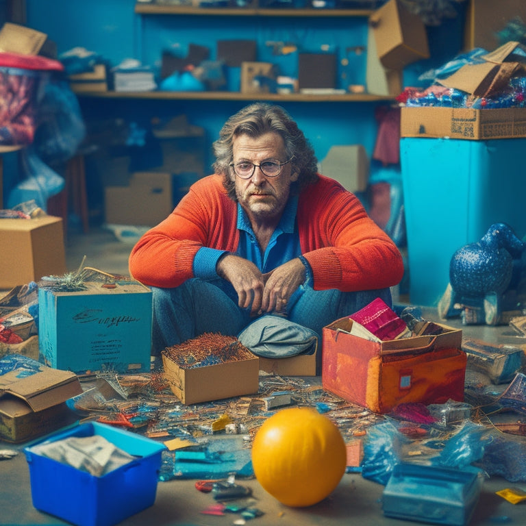 An overwhelmed individual, surrounded by clutter, with hands grasping onto possessions as if holding onto memories, amidst a blurred background of chaotic, stacked boxes and dusty trinkets.