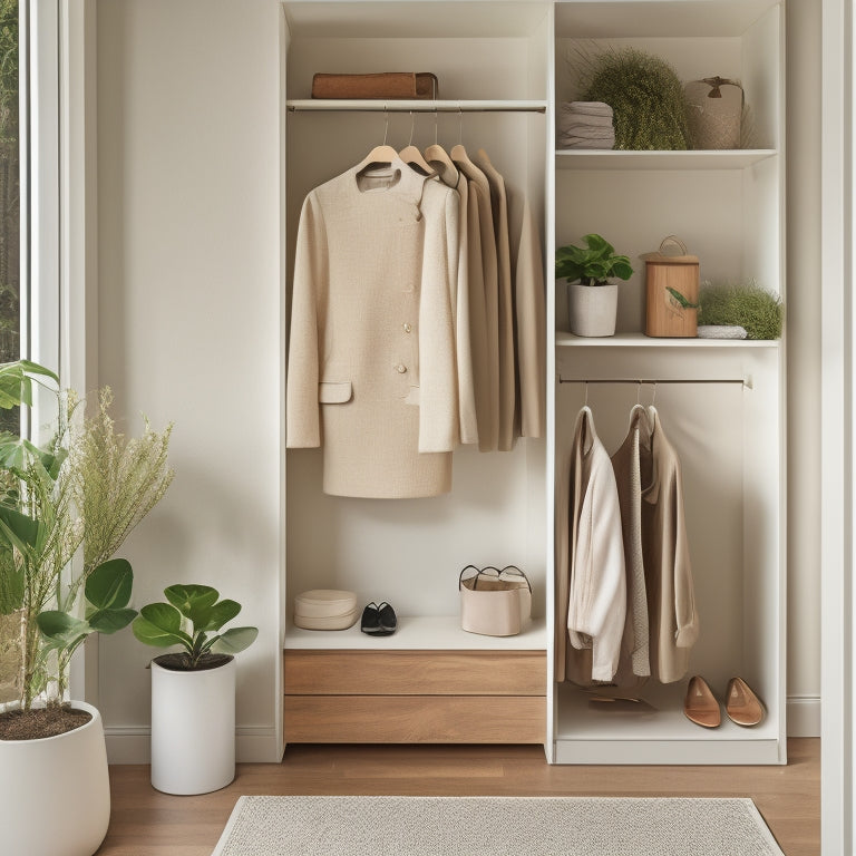 A stylish, minimalist closet with cream-colored walls, natural wood shelves, and a few chic outfits on velvet hangers, surrounded by lush greenery and soft, warm lighting.