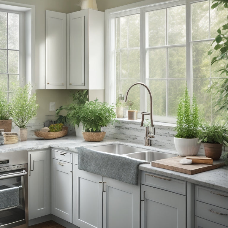 A serene kitchen with gleaming countertops, a spotless sink, and a tidy utensil organizer, surrounded by natural light and lush greenery, evoking a sense of calm and control.