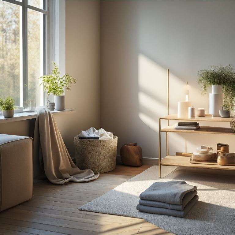 A serene, minimalist living room with a few, carefully curated items, surrounded by empty space, and a single, empty box in the corner, with a few folded clothes nearby, illuminated by warm, natural light.