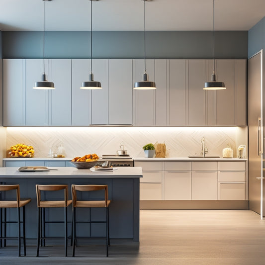 A modern, sleek kitchen with a combination of under-cabinet LED strips, pendant lights above a central island, and recessed ceiling lights, showcasing a harmonious blend of task and ambient lighting.