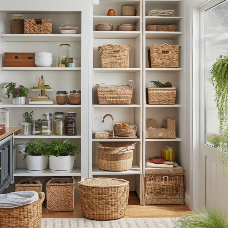 A bright, modern pantry with adjustable shelves, wicker baskets, and stackable containers in various sizes, surrounded by a few cookbooks and a small, potted herb plant.