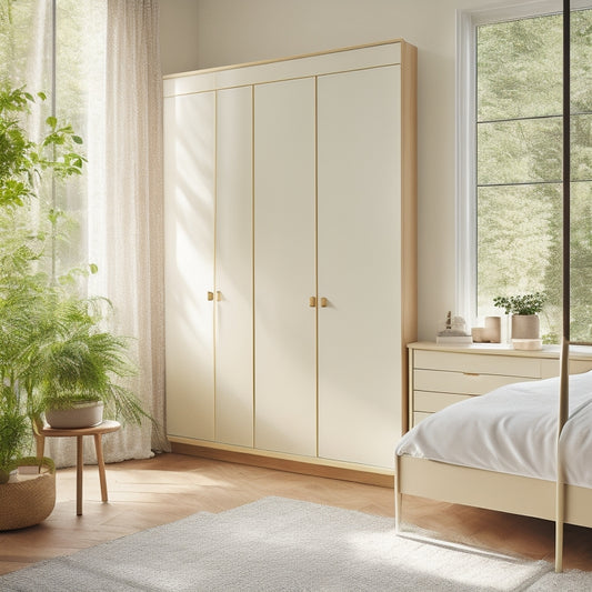 A serene, minimalist bedroom featuring a floor-to-ceiling IKEA PAX wardrobe in a soft, creamy white finish, with subtle gold hardware, surrounded by lush greenery and warm, natural light.