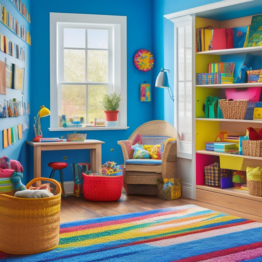 A vibrant, clutter-free kids' room with a rainbow-hued rug, a wooden desk with a woven basket chair, and floor-to-ceiling shelves displaying colorful toys, books, and art supplies in wicker baskets.
