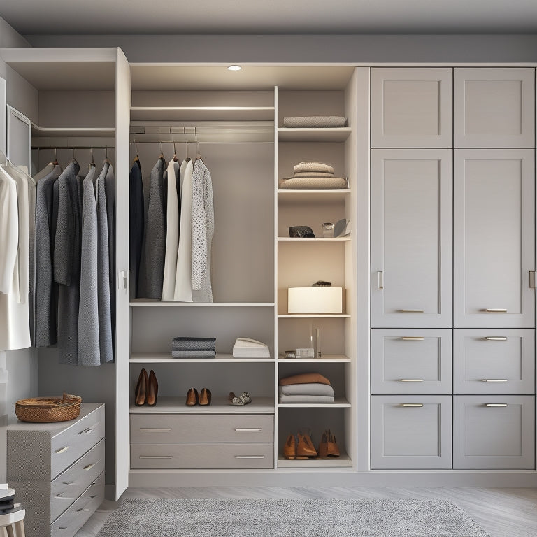 A serene, minimalist closet interior with soft, warm lighting, featuring a mix of sleek, floor-to-ceiling shelves and drawers in a calming, light-gray wood tone, adorned with a few stylish, intricately designed metal accents.