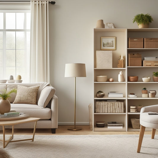 A serene, well-organized living room with a minimalist aesthetic, featuring a tidy shelving unit, a storage ottoman, and a few, carefully curated decorative items, set against a soft, creamy background.