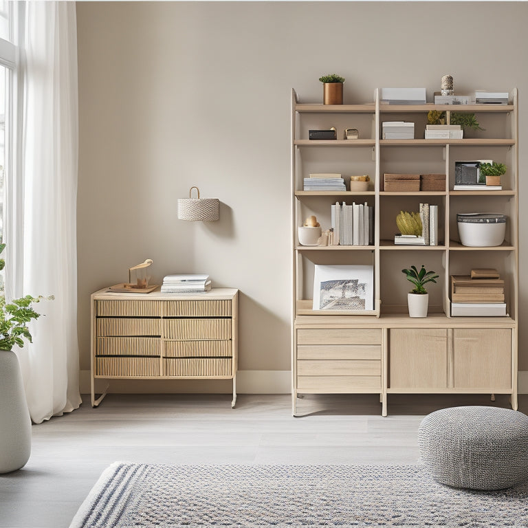 A serene, minimalist living room with a compact, wall-mounted shelving unit, a woven storage basket, and a space-saving desk with a built-in file organizer.