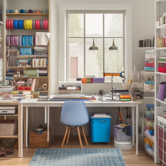 A well-organized sewing room with a clean white desk, a sleek sewing machine, and a collection of colorful threads and fabrics, surrounded by neatly arranged books and storage bins.