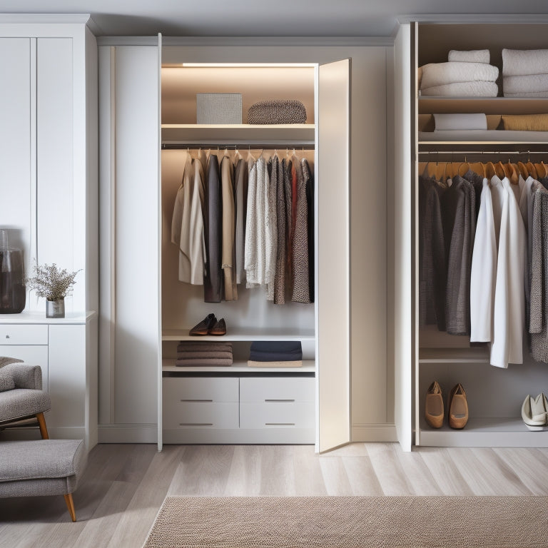 A sleek, modern closet with sliding glass doors, filled with neatly organized clothes on minimalist shelves and rods, surrounded by warm, soft lighting and a plush, cream-colored area rug.