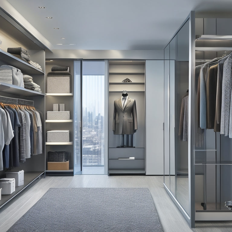 A modern, sleek closet with rows of organized shelves and hanging rods, surrounded by sleek, silver dealership logos and a cityscape visible through the floor-to-ceiling window.