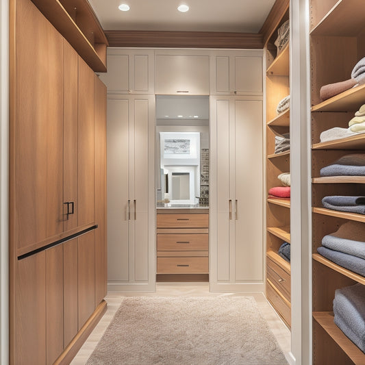 A bright, modern walk-in closet with soft, warm lighting, featuring floor-to-ceiling custom wood shelves, drawers, and cabinets in a rich walnut finish, surrounded by elegant, cream-colored walls.