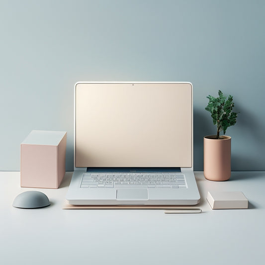 A minimalist illustration of a laptop with a clutter-free desktop, featuring a few neatly organized folders and a prominent 'Favorites' tab, surrounded by subtle hints of calming colors like light blue and beige.