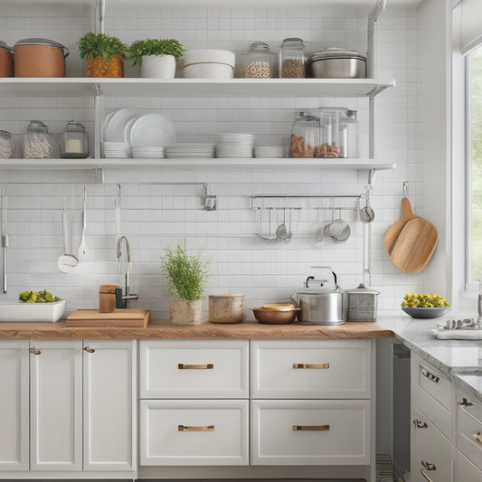 A modern kitchen with sleek, white cabinets, featuring a pull-out pantry with baskets, a utensil organizer on the countertop, and a pegboard with hanging pots and pans.