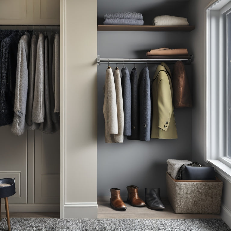 A minimalist, well-lit coat closet with double rods, shelves, and bins, featuring a few neatly hung coats, a few folded blankets, and a few pairs of polished boots on a shelf.