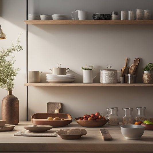 A serene, minimalist kitchen with warm lighting, featuring a tidy countertops, a few cookbooks on a wooden shelf, and a small, organized utensil holder on the wall.