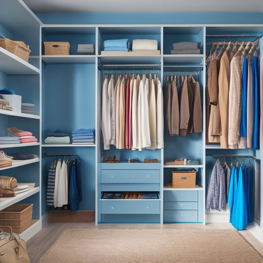 A tidy, well-lit walk-in closet with a mix of open shelving, drawers, and hanging rods, featuring a color-coded clothing arrangement and sleek, minimalist storage bins and baskets.