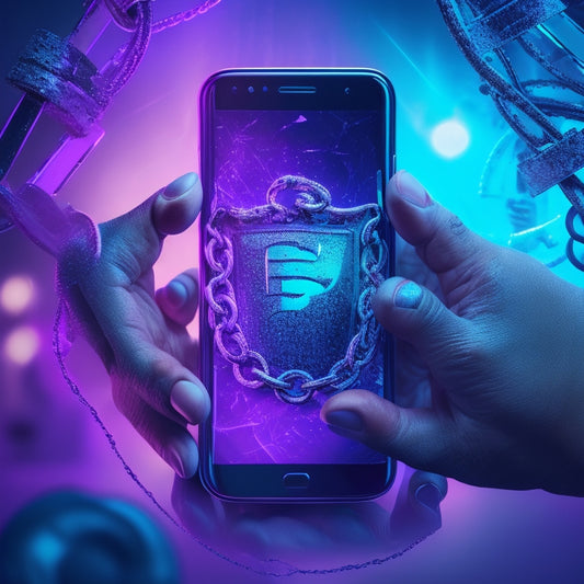 A strong, confident hand grasping a smartphone, with a shield or lock icon on the screen, surrounded by shattered chains and broken padlocks, on a dark blue or purple background.