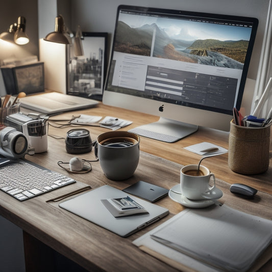 A cluttered desk with a MacBook surrounded by scattered papers, coffee cups, and tangled cords, with a subtle hint of a tidy digital calendar on the laptop screen in the background.