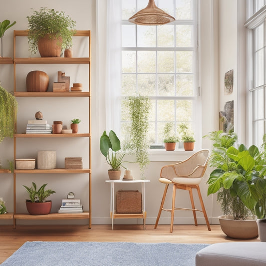A bright, modern living room with a ladder leaning against a floor-to-ceiling wooden shelving unit, adorned with potted plants, vintage books, and decorative baskets, against a soft, creamy background.