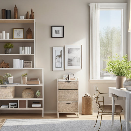 A serene, clutter-free living room with a sleek, minimalist desk, labeled storage bins, and a wall-mounted shelf displaying a few, carefully selected decorative items, amidst a warm, natural light ambiance.