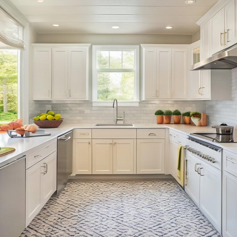 A bright, modern kitchen with sleek white cabinets, stainless steel appliances, and a U-shaped layout, showcasing a compact workspace with a farmhouse sink, cooktop, and built-in shelving.