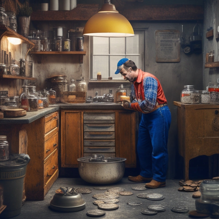 An illustration of a person in a tidy workshop, surrounded by tools and DIY materials, holding a wrench and standing in front of a repaired sink, with coins and savings jars in the background.