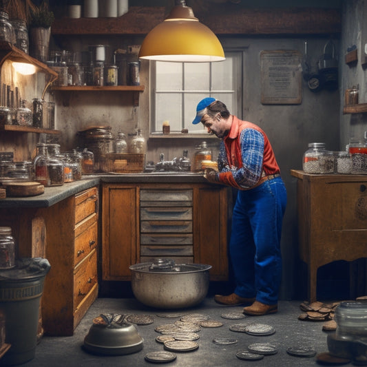 An illustration of a person in a tidy workshop, surrounded by tools and DIY materials, holding a wrench and standing in front of a repaired sink, with coins and savings jars in the background.