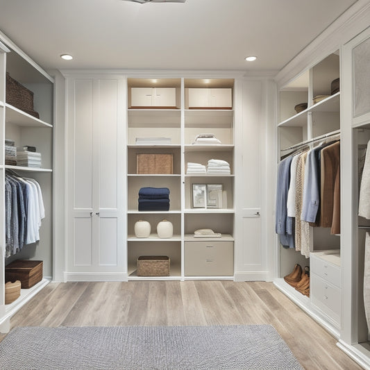 A serene, well-lit walk-in closet with creamy white walls, dark wood flooring, and a custom-built shelving system featuring sleek, chrome-finished rods and polished glass shelves.