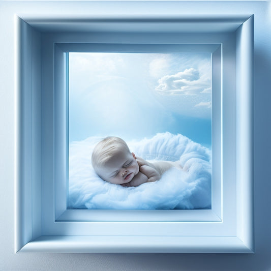 A delicate, transparent ultrasound image of a fetus in a soft, white frame, surrounded by gentle, swirling clouds and a few scattered, shimmering stars on a pale blue background.