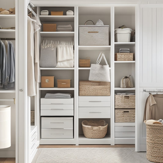 A tidy, white reach-in closet with a mix of shelves, drawers, and rods, showcasing various storage bins, baskets, and hooks, illuminated by soft, natural light.