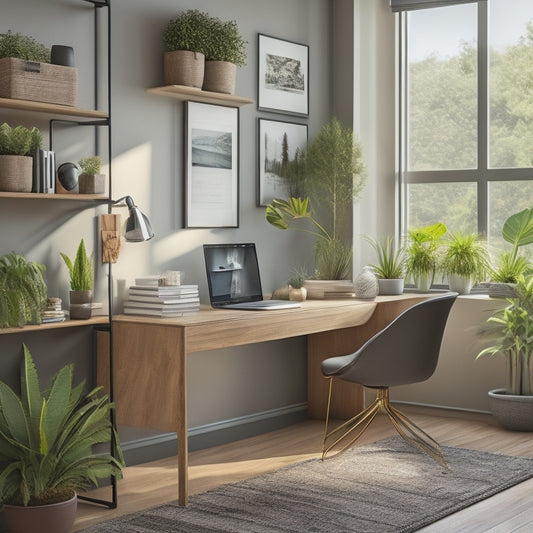 A modern, well-organized home office with a sleek, wall-mounted desk and built-in shelving, surrounded by natural light, with a comfortable, ergonomic chair and a few, carefully placed, potted plants.