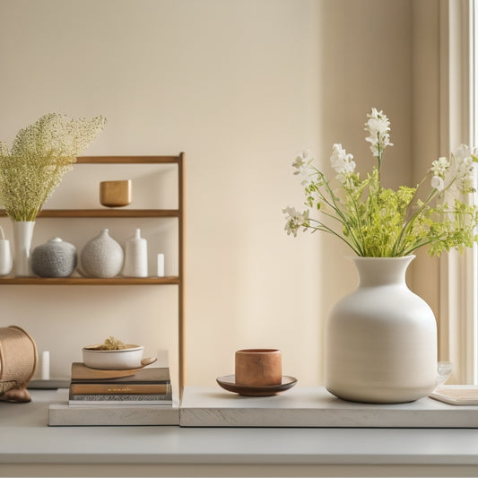 A serene, minimalist living room with a few, carefully chosen decorative items, a tidy bookshelf, and a vase with fresh flowers, surrounded by calm, natural light and a subtle, creamy color palette.