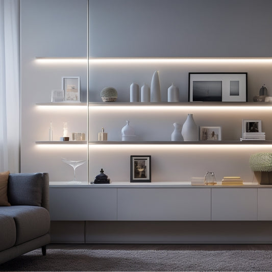 A futuristic, minimalist living room with a sleek, wall-mounted tablet displaying a decluttering app, surrounded by organized shelves and a few, carefully selected decorative items, bathed in soft, white LED light.