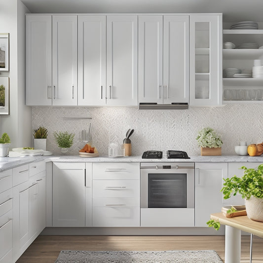 A tidy, modern kitchen with sleek white cabinets and stainless steel appliances, showcasing 10 clever storage solutions, including a utensil organizer on the side of a cabinet and a hanging pot rack.