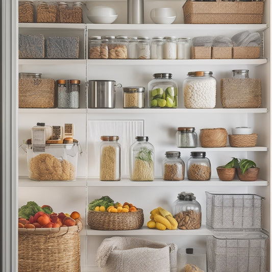 A well-organized pantry with soft, warm lighting, featuring a mix of transparent glass jars, woven baskets, and sleek metal shelves, with a few fresh fruits and vegetables scattered throughout.