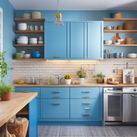 A bright, modern kitchen with sleek countertops and walls, featuring a variety of vertical storage solutions for pots, including hanging racks, floor-to-ceiling shelves, and pull-out pot organizers.