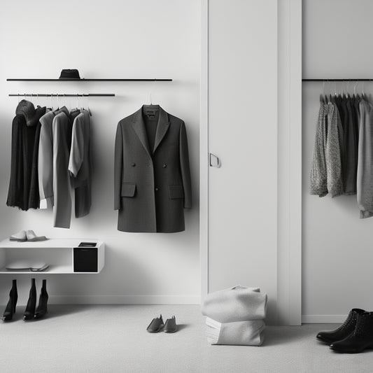 A minimalist, monochromatic illustration of a person standing in front of a cluttered closet, with clothes scattered around them, surrounded by empty hangers and a few trendy outfits hung neatly to the side.