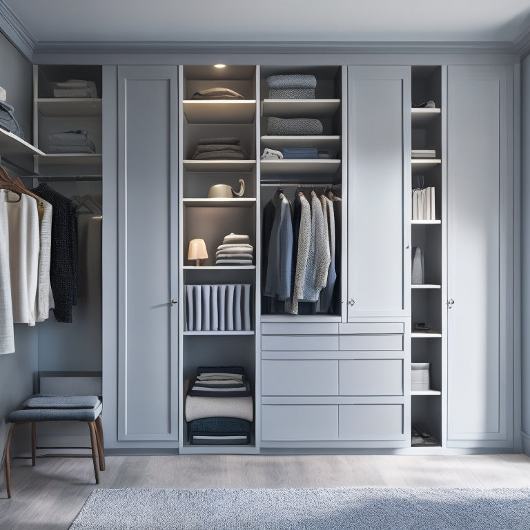 A serene, well-lit closet interior with sleek, wall-mounted shelves, a minimalist dresser, and a floor-to-ceiling storage unit with sliding drawers and hanging rods, all in a calming, monochromatic color scheme.